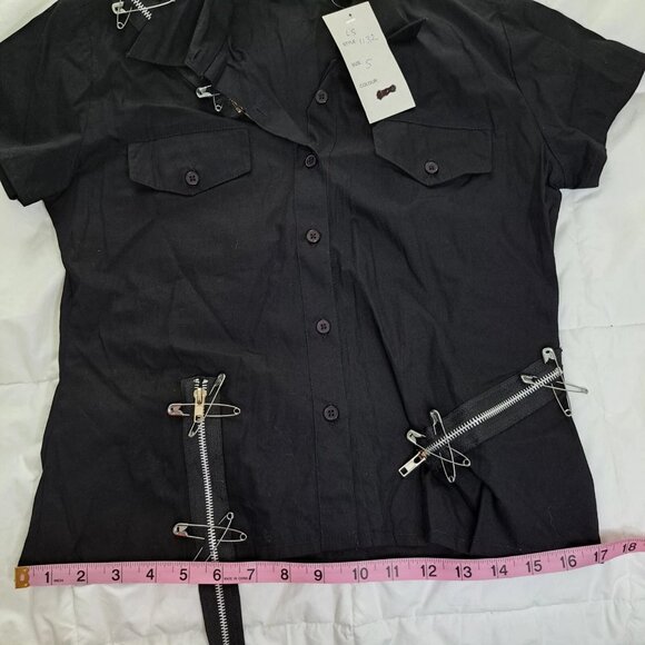 Dead Threads Black Goth Punk Blouse Shirt Safety Pin Zipper Button Down Womens S - Picture 12 of 16